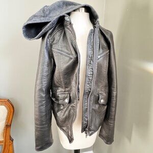 Zip off Sweatshirt Hoodie Black Vegan Leather Biker Jacket